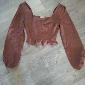 Altar'd State Brown Puff Sleeve Cropped Blouse With A Smoched Back